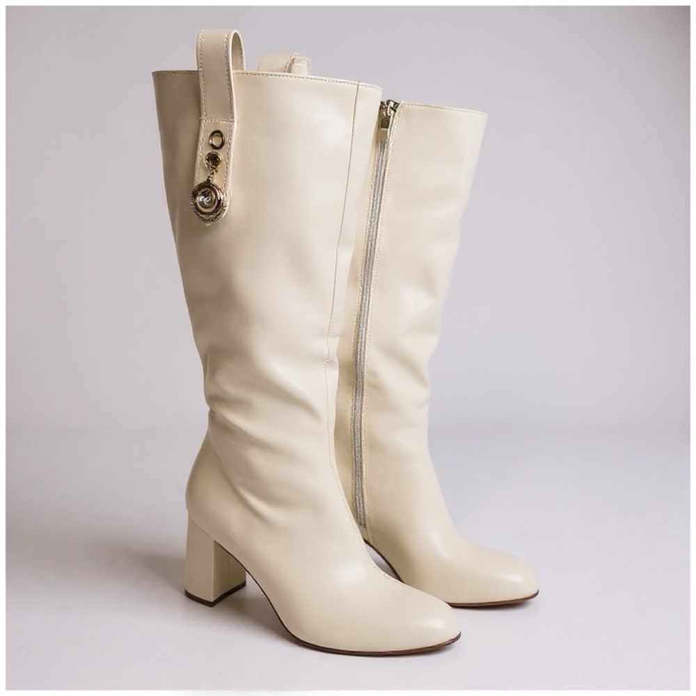 White Knee-High Boots with Block Heel NIB Size 8